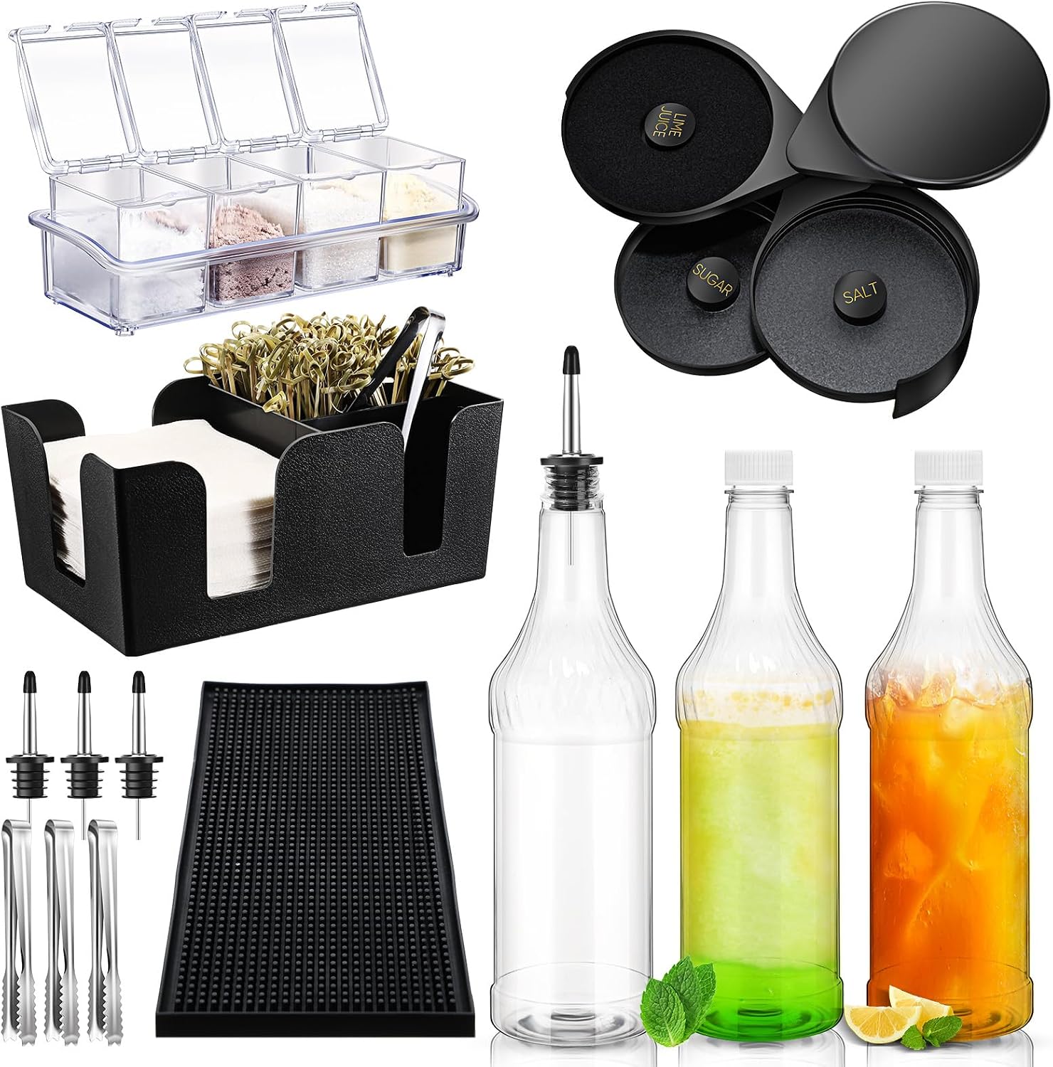 15 Pc Bar Caddy Organizer with 32 oz Bottles, Speed Pourers & Rimmer Tray