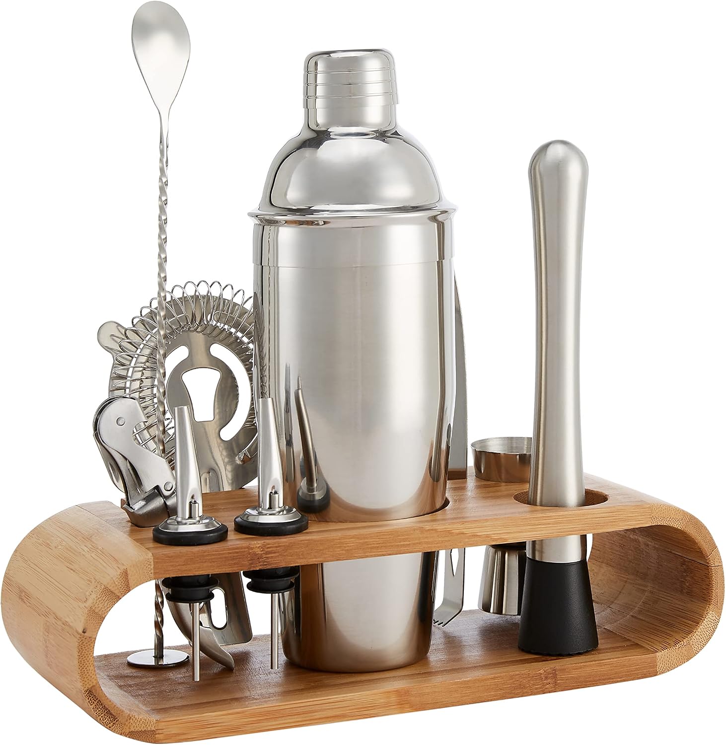 10-Piece Stainless Steel Cocktail Bar Tool Set with Bamboo Stand
