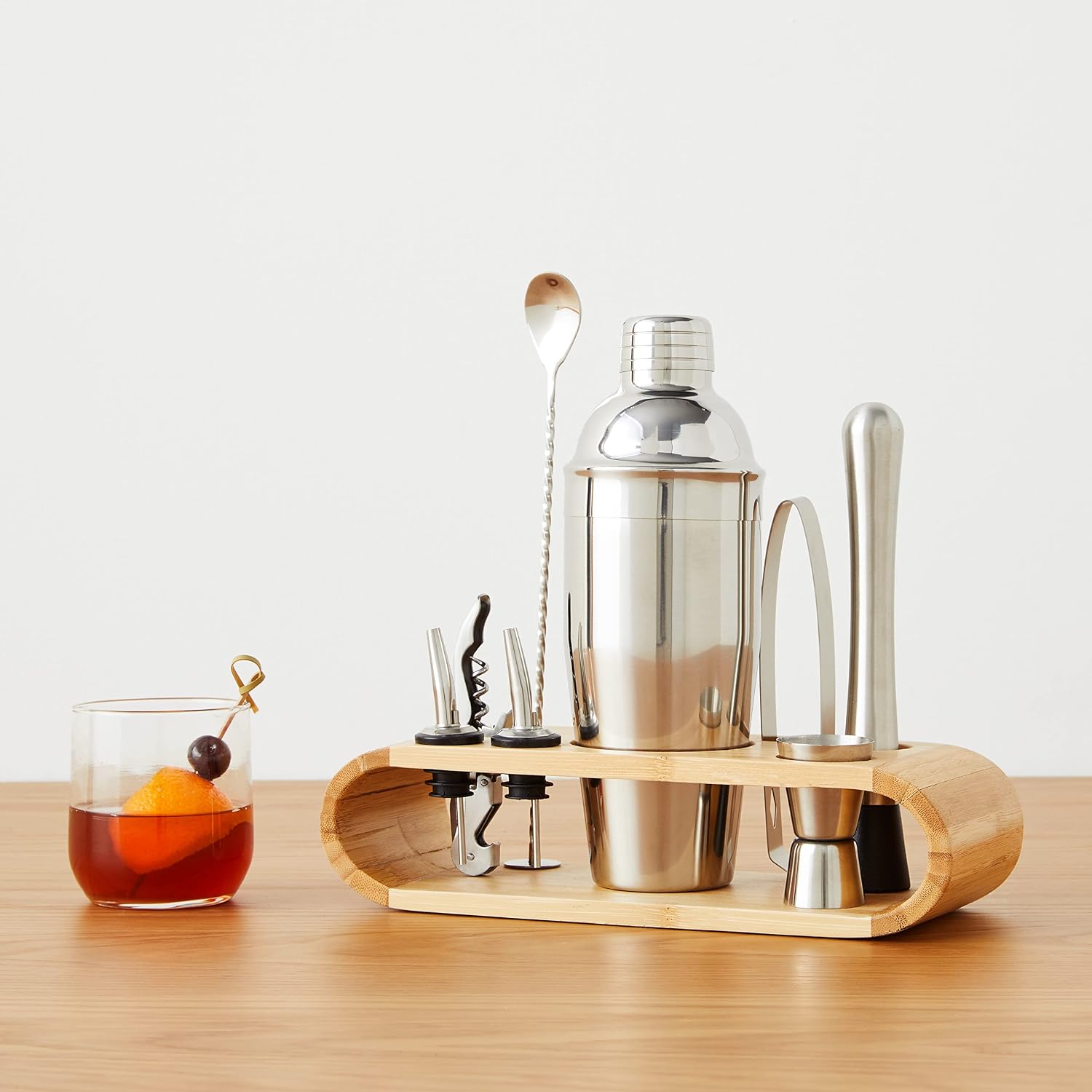 10-Piece Stainless Steel Cocktail Bar Tool Set with Bamboo Stand