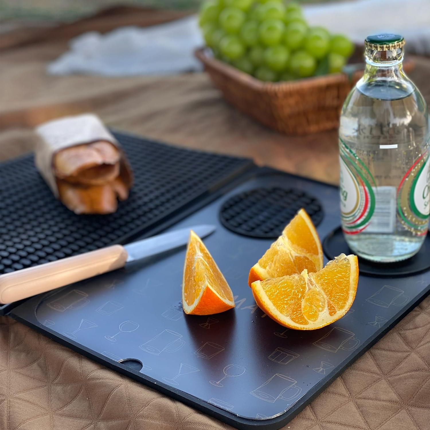 Multifunctional Folding Bar Mat with Cutting Board, 18 x 12 inch, Black
