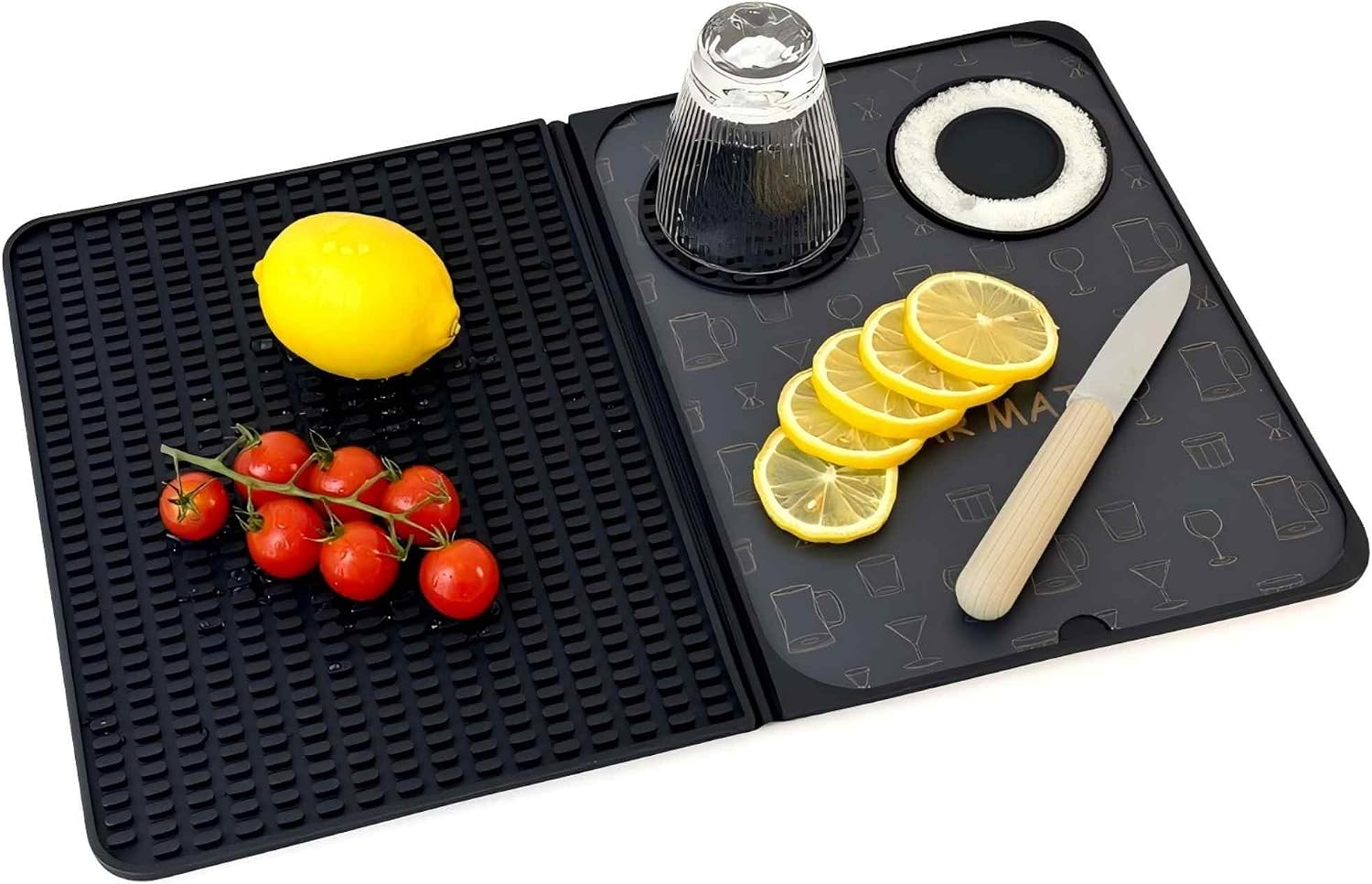 Multifunctional Folding Bar Mat with Cutting Board, 18 x 12 inch, Black
