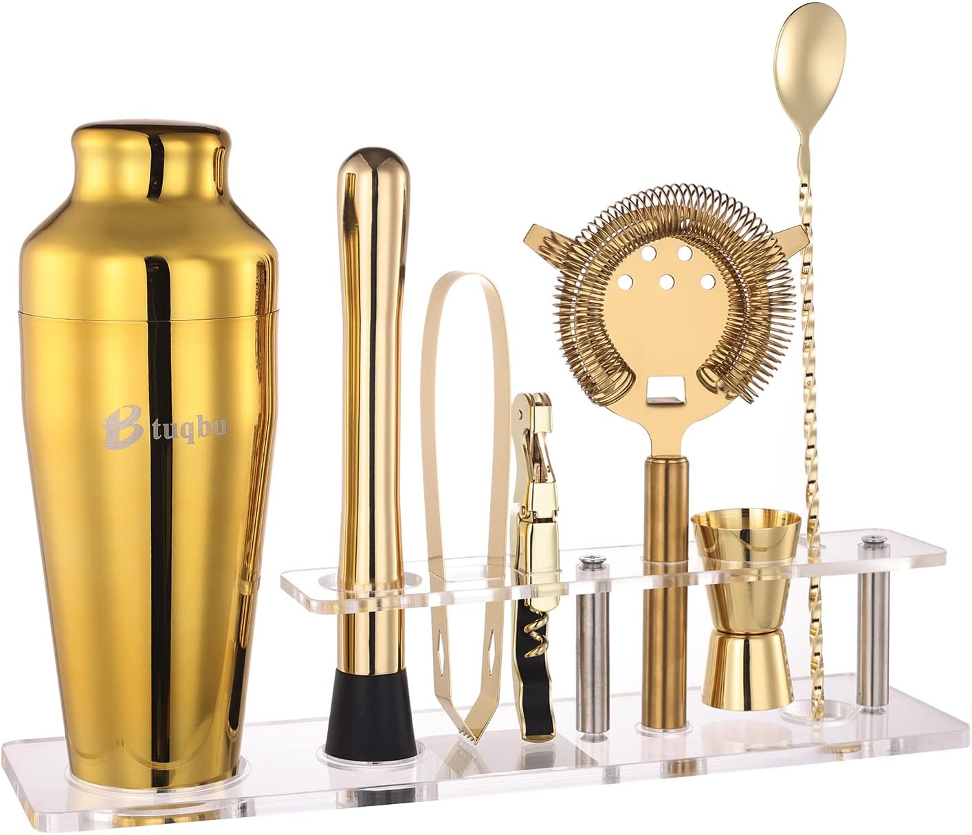 Btuqbu Cocktail Shaker Set with Arcylic Stand, Mixology Bartender Kit for Drink Mixing | Mixology Set with 7 Bar Set Tools Cocktail Kit (Gold)