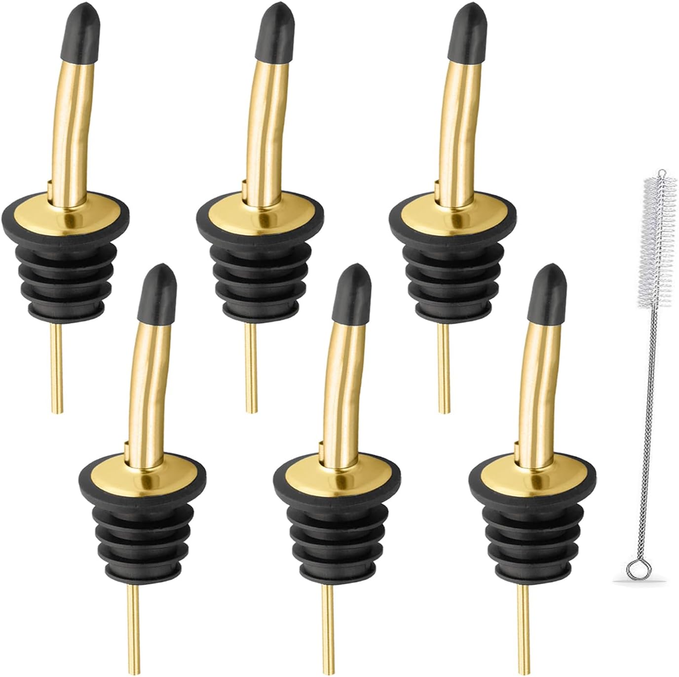 6-Pack Stainless Steel Liquor Pour Spouts with Rubber Dust Caps