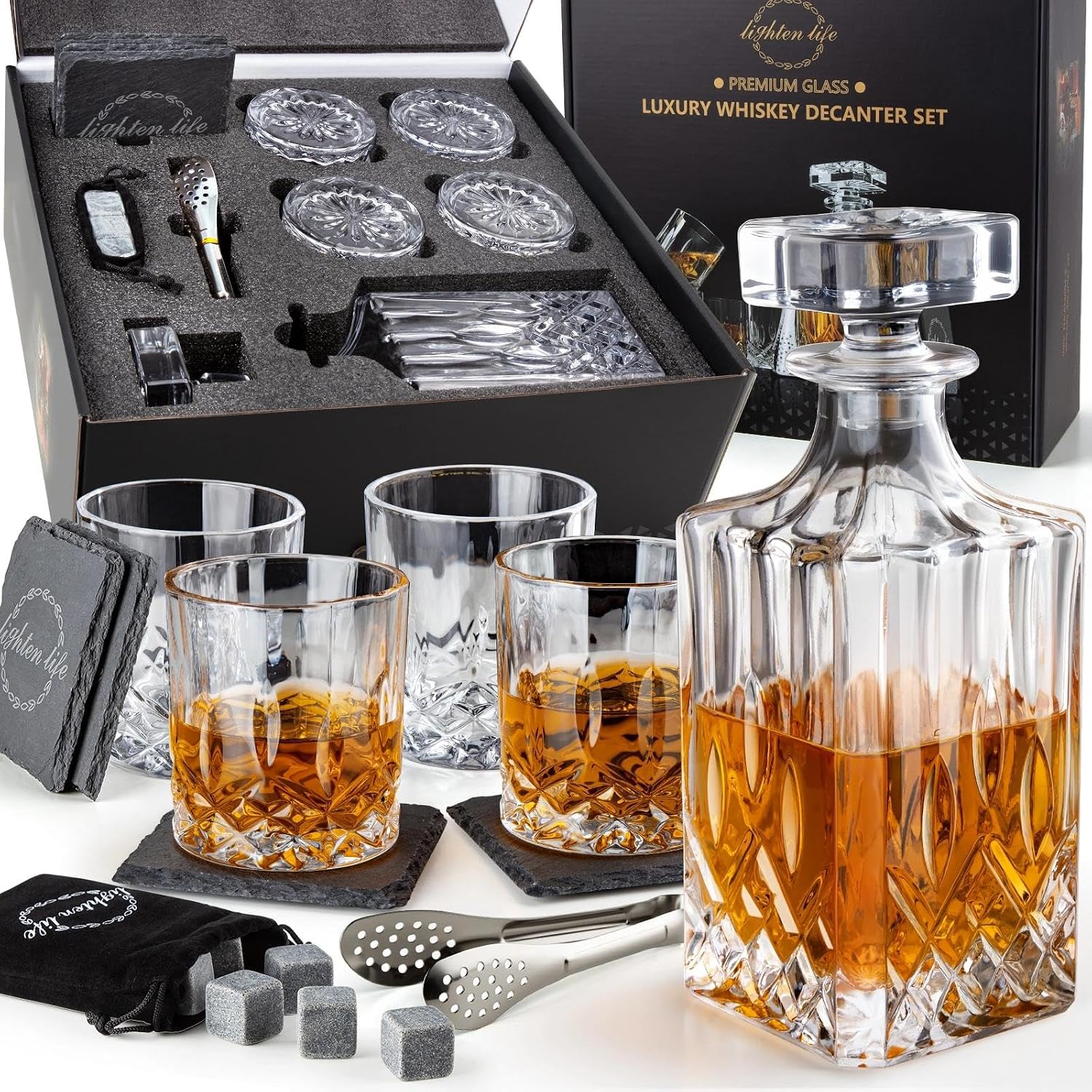 Whiskey Decanter Set with Bar Accessories,Crystal Whiskey Decanter and Glass Set in Gift Box,Non-Lead Bourbon Decanter Set for Rum Scotch,Wedding Anniversary Birthday Gift for Men Him Dad
