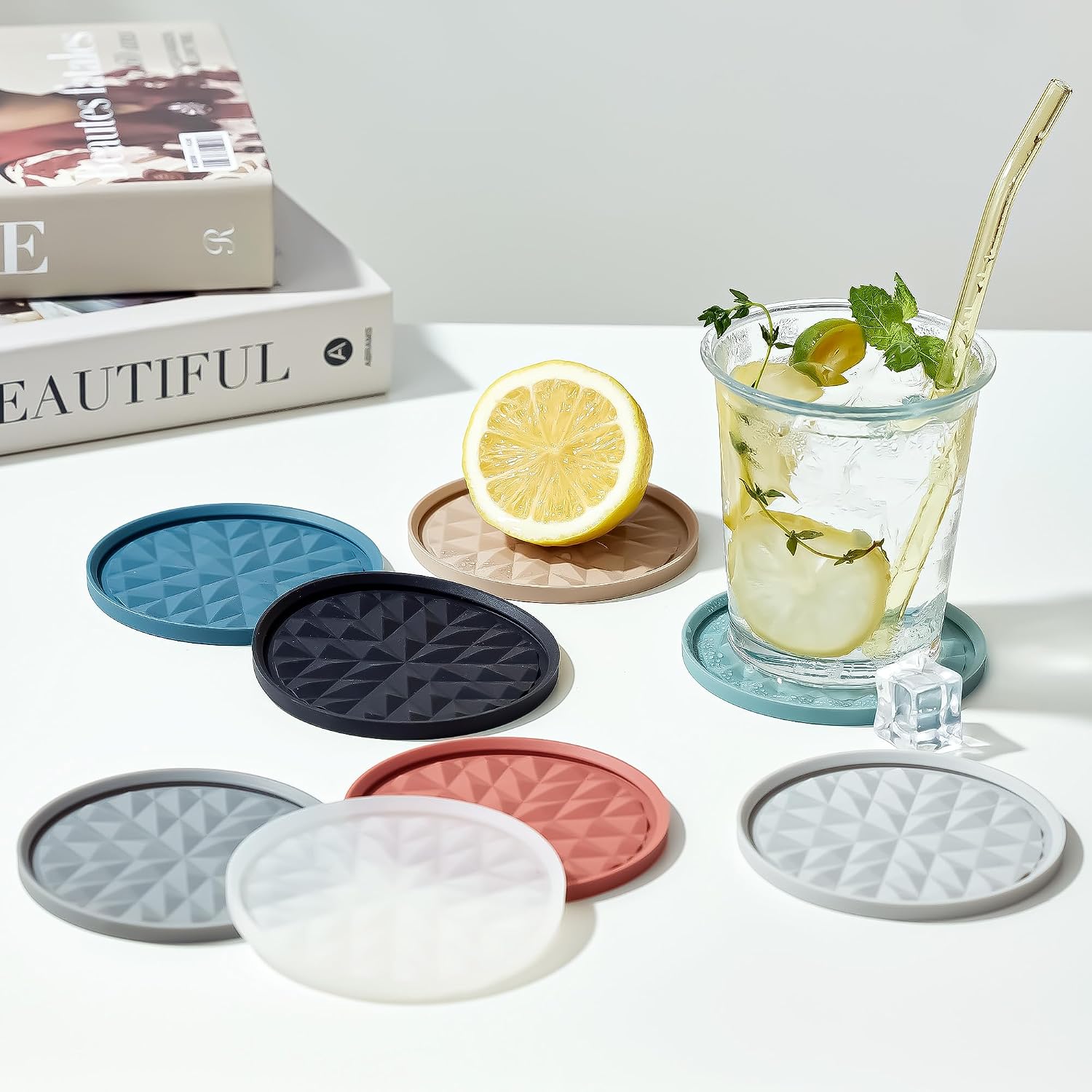 Set of 4 Sage Green Silicone Drink Coasters, Diamond Pattern