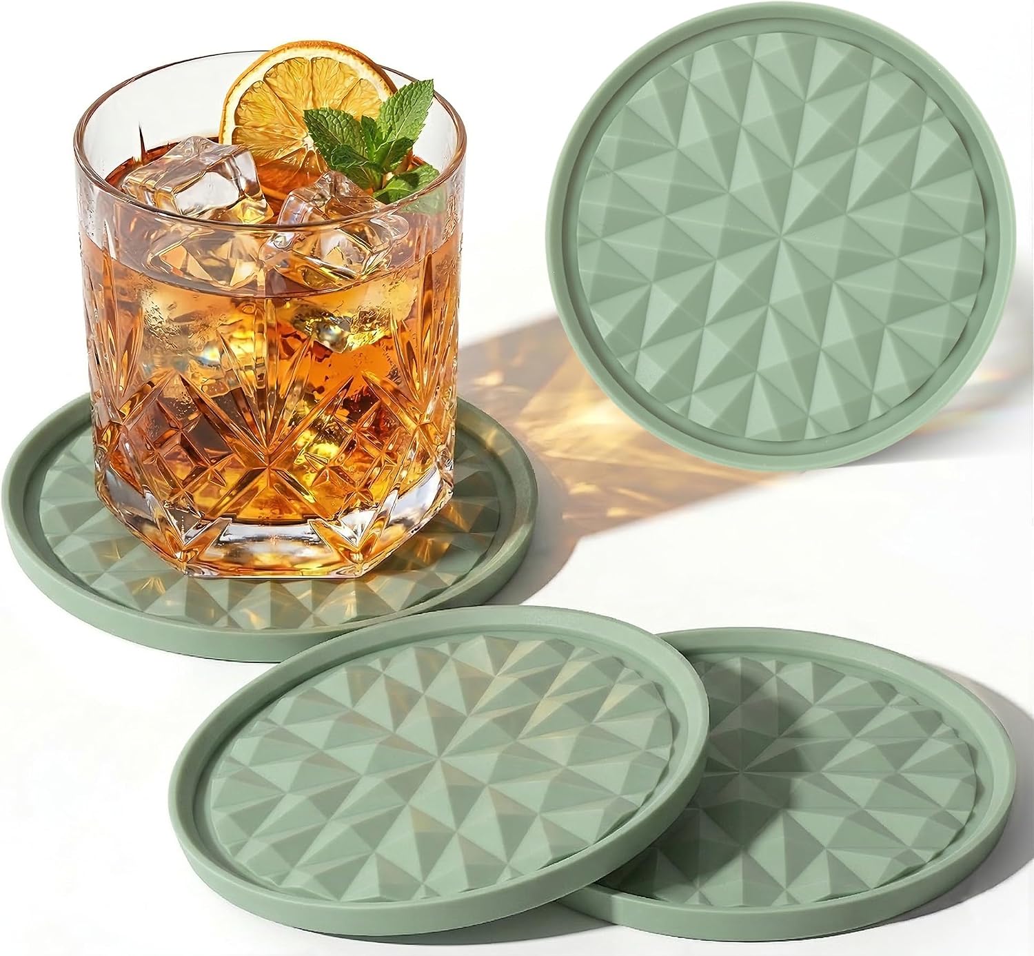 Set of 4 Sage Green Silicone Drink Coasters, Diamond Pattern